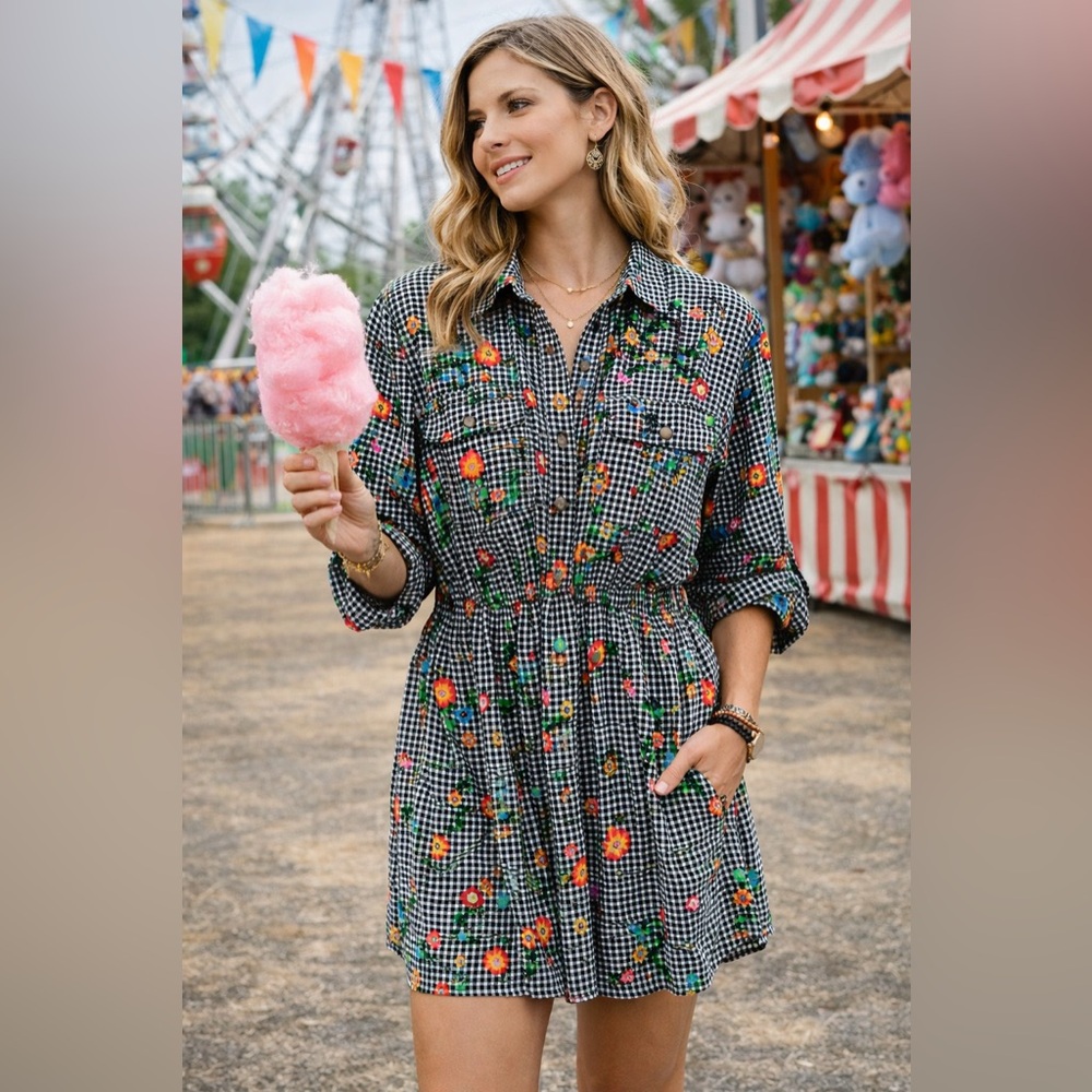Gingham Floral Shirt Dress | Cinched Waist Boho Mini Dress